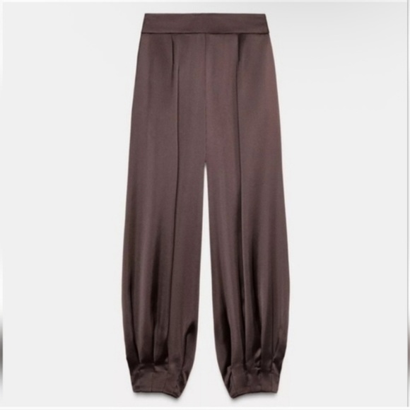 Zara SATIN BROWN BALLOON PANTS XL NWT - Picture 2 of 16